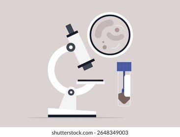Der Fokus liegt auf einem Mikroskop, das bereit ist, eine separate Stuhlprobe zu untersuchen, die die komplexen Details der Mikrobiologie in einer sauberen, sterilen Laborumgebung zeigt