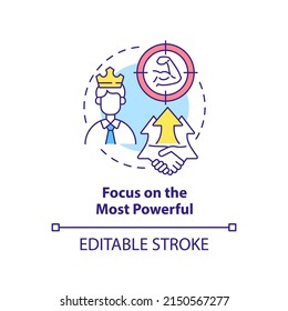 Focus on most powerful concept icon. Influential investors. Stakeholder engagement abstract idea thin line illustration. Isolated outline drawing. Editable stroke. Arial, Myriad Pro-Bold fonts used