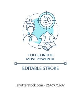 Focus on most powerful turquoise concept icon. Stakeholder engagement abstract idea thin line illustration. Isolated outline drawing. Editable stroke. Arial, Myriad Pro-Bold fonts used