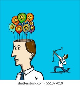 focus on new idea - conceptual vector illustration of man with bow focusing on inflatable balloons in man head