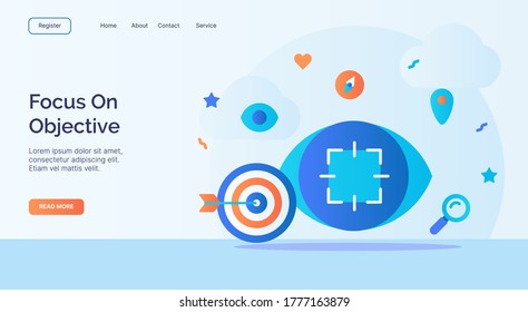 Fokus auf objektive Bogenschießen Fokus Augensymbol-Kampagne für Startseite Homepage Startseite Landing Template Banner mit Cartoon flach Stil.