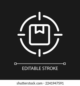 Focus on parcel pixel perfect white linear ui icon for dark theme. Priority package. Vector line pictogram. Isolated user interface symbol for night mode. Editable stroke. Arial font used