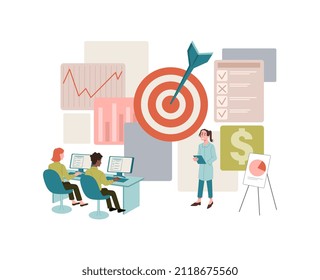 Focus on problem. Company conducts training for its employees. Public speaking and coaching. Mental development, visualization of target, psychology courses. Cartoon flat vector illustration