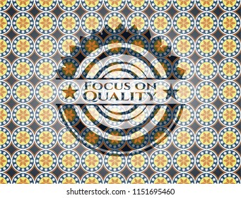 Focus on Quality arabic badge. Arabesque decoration.