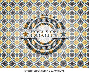 Focus on Quality arabic style badge. Arabesque decoration.