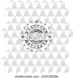 Focus on Quality grey emblem. Vintage with geometric cube white background