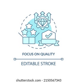 Focus On Quality Turquoise Concept Icon. Perfect Output. Lean Manufacturing Principle Abstract Idea Thin Line Illustration. Isolated Outline Drawing. Editable Stroke. Arial, Myriad Pro-Bold Fonts Used