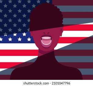 Focus on racism against black people in United States. Spotlight on young black woman screaming with USA flag in background.