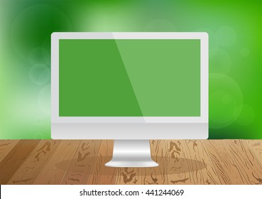 Focus on realistic blank computer monitor, workplace on wooden floor. Happy summer work, nature illustration. Spring bright natural background and forest in the back