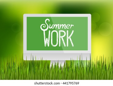 Focus on realistic blank computer monitor, workplace in green grass. Happy summer work, nature illustration. Spring bright natural background and forest in the back