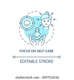 Focus on self care turquoise concept icon. Self mindfulness abstract idea thin line illustration. Isolated outline drawing. Editable stroke. Roboto-Medium, Myriad Pro-Bold fonts used