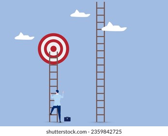 Focus on short term goal to achieve long term success, business strategy or planning, financial goal or project plan concept, smart businessman about to climb up ladder to achieve short term goal.