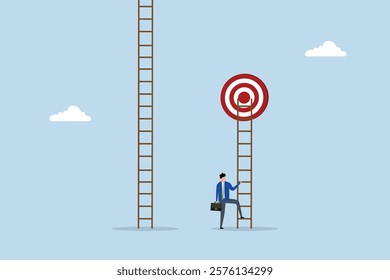 Focus on short term goal to achieve long term success, clever entrepreneur preparing to ascend the ladder to reach immediate objective. 