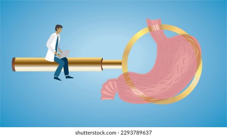 Konzentriere dich auf den Magen. Mann, Arzt oder Krankenschwester, die in Lupe schauen. Dimension 16:9. Vektorgrafik.