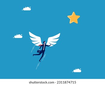 Focus on success. Businessman with angel wings flying to the stars