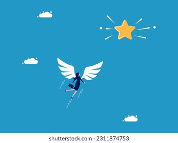 Focus on success. Businesswoman with angel wings flying to the stars