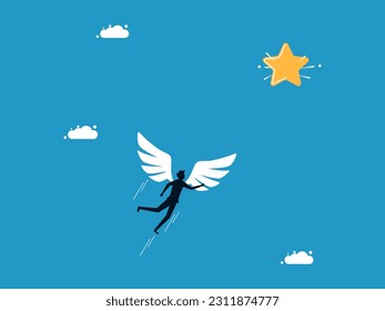 Focus on success. man with angel wings flying to the star