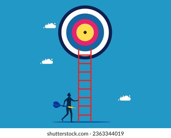 Focus on success. man holding a dart climbs the stairs to the target 