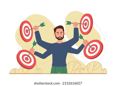 Focus on target. Metaphor for goal setting and self development. Leadership and motivation, talented businessman determines vector for development of company. Cartoon flat vector illustration