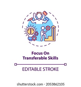 Focus on transferable skills concept icon. Portable skills idea thin line illustration. Transition job pros. Self-analysis. Mindstorm. Vector isolated outline RGB color drawing. Editable stroke