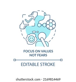 Focus on values not fears turquoise concept icon. Dealing with change abstract idea thin line illustration. Isolated outline drawing. Editable stroke. Arial, Myriad Pro-Bold fonts used