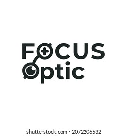 Focus Optic Lettering Typography Wordmark Logo Design. Logo design template, with a letter o element on the word focus optic to become a glasses icon and the addition of an eyeball icon and focus icon