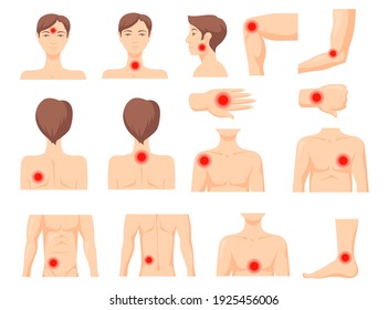 Focus of pain set. Parts of human body with red spot, ache in muscles or joints. Vector illustration for inflammation, chronic disease, painkiller, health problem concept