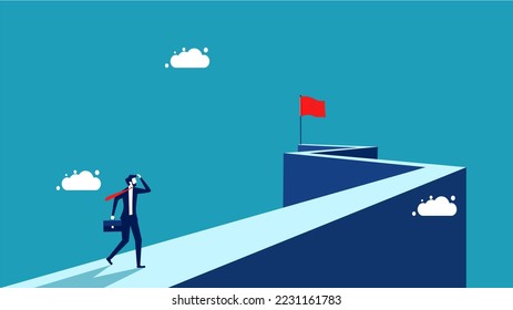 Focus path to success. Businessman heading to the red flag