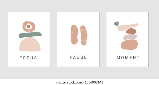 Focus, pause, moment flat vector posters set. Motivational drawings collection isolated on white background. Creative print, t shirt design element. Balance, harmony and wellbeing concept