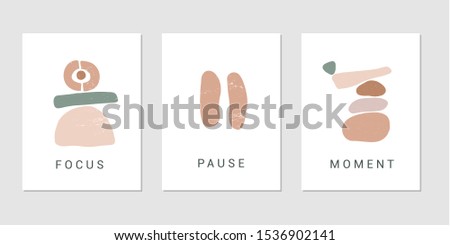 Focus, pause, moment flat vector posters set. Motivational drawings collection isolated on white background. Creative print, t shirt design element. Balance, harmony and wellbeing concept