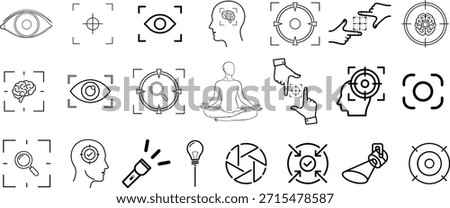 Focus and Precision Line Icon Set: Vector Symbols of Camera Lens, Viewfinder, Target, Magnifying Glass, and Clarity Icons for Photography, Search, and Strategic Focus Design