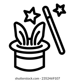 Focus with rabbit line icon, children entertainment concept, Magic trick sign on white background, rabbit in hat cylinder and wand icon in style for and web. Vector graphics.