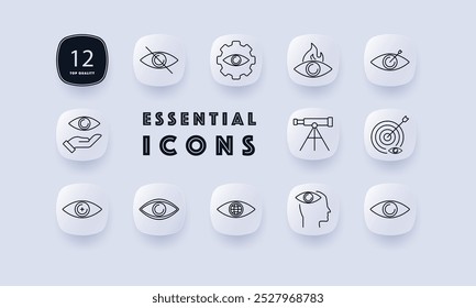 Icono de conjunto de enfoque. Iconos del ojo, objetivo, telescopio, foco, lupa, engranaje con el ojo, ojo de fuego, flecha en el objetivo. Mejor para temas de enfoque, visión, establecimiento de objetivos y observación