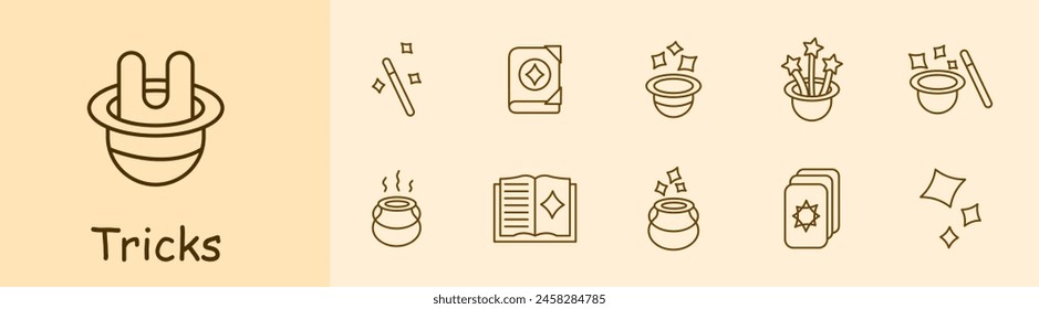 Focus set icon. Rabbit ears in hat, magic wand, grimoire, witchcraft book, sparks, stars, enchantment, theurgy, cards, scintilla, bottle. Magic concept.