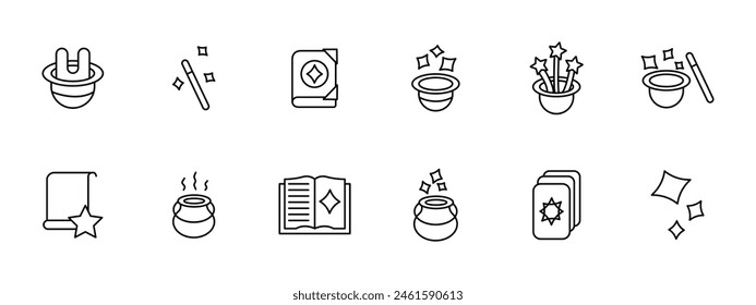 Focus set icon. Rabbit ears in hat, magic wand, grimoire, witchcraft book, sparks, stars, enchantment, theurgy, cards, scintilla, bottle. Magic concept.