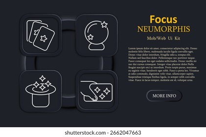Ícone de foco definido. Cartões de tarô, bola de cristal, chapéu de mágico com brilhos, e mão segurando cartão de estrela desenhado em contorno branco em botões de interface neumorfos