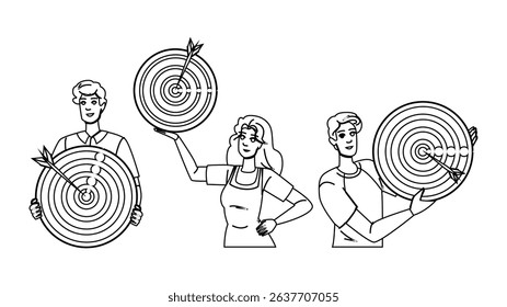 focus setting goals vector. motivation planning, strategy success, objective target focus setting goals character. people black line pencil drawing illustration