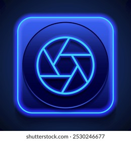 Focus simple icon. Flat design. Blue neon style on button. With shadow.ai