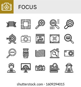 focus simple icons set. Contains such icons as Camera, Pride, Focus, Search, Target, Photo, Viewfinder, Zoom out, Lens, Compact camera, Photographer, can be used for web, mobile and logo