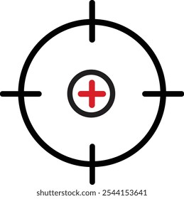 Enfoque objetivo e icono de objetivo. Metas y misiones empresariales. Símbolo de ambición y oportunidad, Vector de enfoque de ventas. Gun Sight Crosshairs Bullseye. rifle de francotirador blanco y pictograma de diseño de objetivo de marketing.