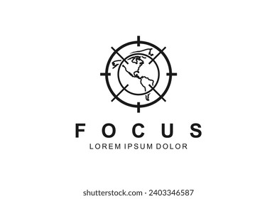 Focus target earth globe logo design illustration hunting outdoor symbol.