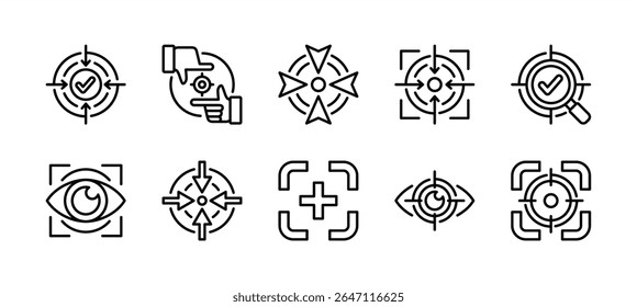 Focaliza o conjunto de ícones de meta de destino. Contém precisão, seta de mira, objetivo, alvo, mira, mira, tiro, missão, olhar, tiro, concentração, visão, sucesso, realização de carreira. Ilustração vetorial