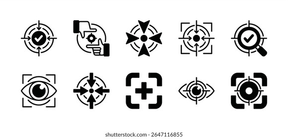 Focaliza o conjunto de vetores do ícone de meta de destino. Contém precisão, seta de mira, objetivo, alvo, mira, mira, tiro, missão, olhar, tiro, concentração, visão, sucesso, realização de carreira. Ilustração