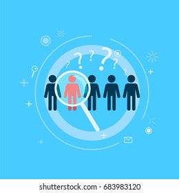 Focus Target group. Five people stand out one with a directional magnifying glass. Vector flat illustration