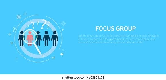 Focus Target group. Five people stand out one with a directional magnifying glass. Vector flat illustration