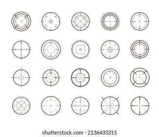 Focus target isolated on white background. Different vector icons of target and destination. Target aim and aiming to bullseye signs symbol.