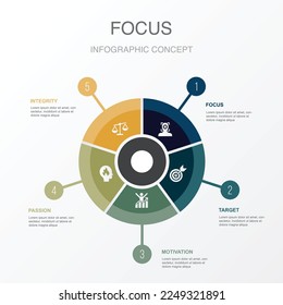 foco, objetivo, motivación, pasión, integridad, iconos Plantilla de diseño de infografía. Concepto de presentación creativa con 5 pasos