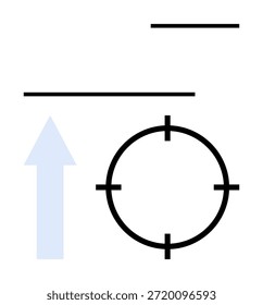 Enfoque, priorización de objetivos, navegación, establecimiento de objetivos, seguimiento de progresos, alineación. Blanco de punto de mira negro con flecha azul hacia arriba y líneas Horizontales. Concepto de priorización de foco y meta