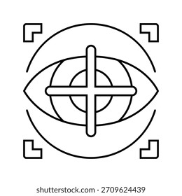 Prueba de enfoque Optometría Vector de línea de ojo Icono de línea de ojo. Prueba de enfoque Optometría Signo de ojo. Contorno aislado Ilustración negra