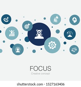 focus trendy circle template with simple icons. Contains such elements as target, motivation, integrity